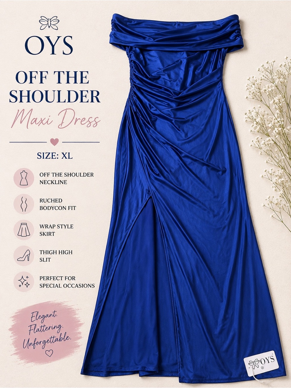 OYS Royal Blue Off Shoulder Ruched Maxi Dress Slit Formal XL NWT